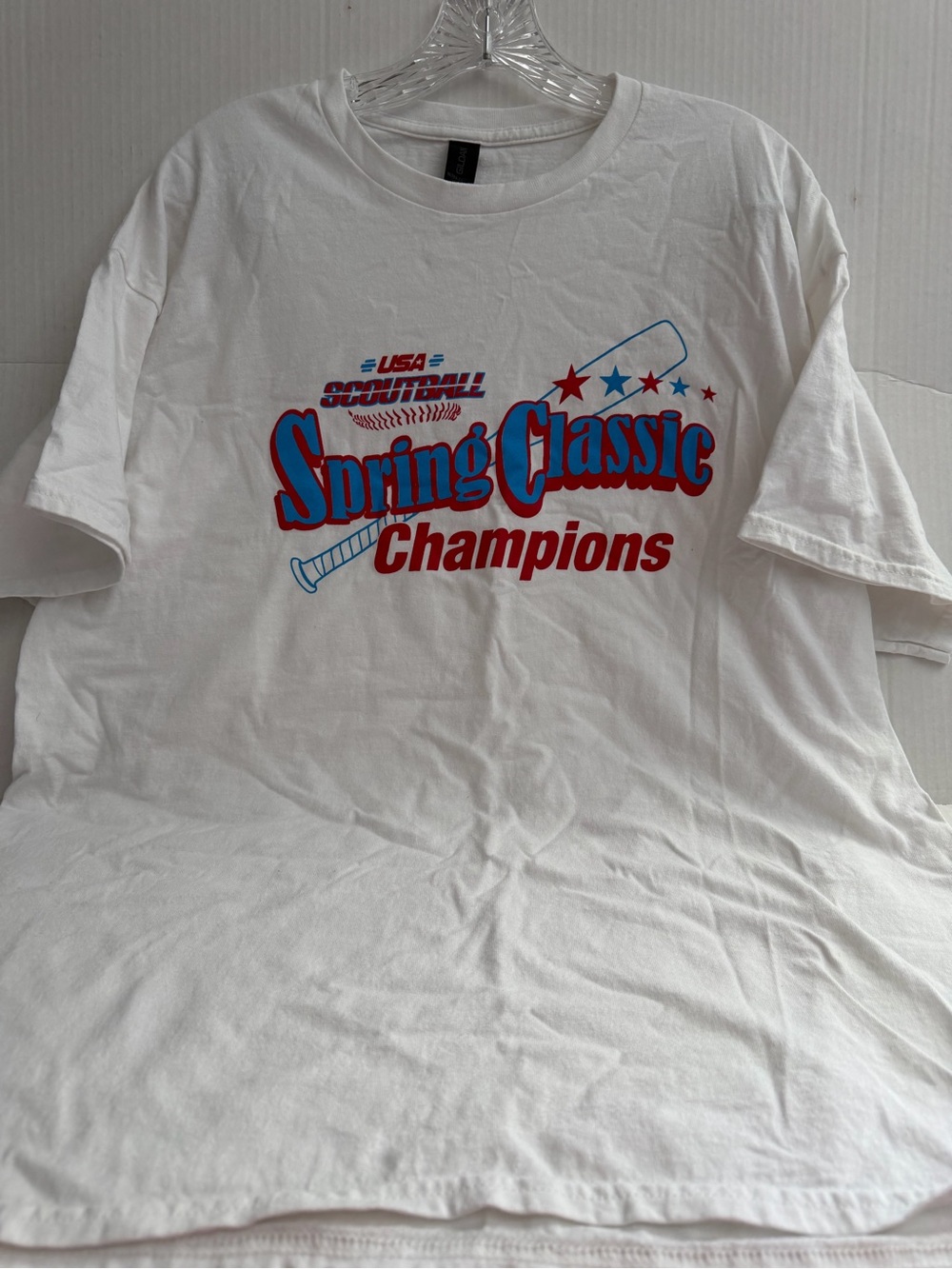 Gildan White Tee with Red and Blue Spring Classic Champions Graphic